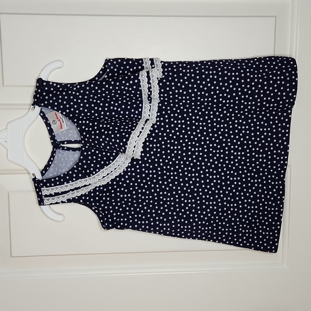 Hanna Andersson Girls Navy Lace Trim Polka Dot Top Size 120 or Size 6